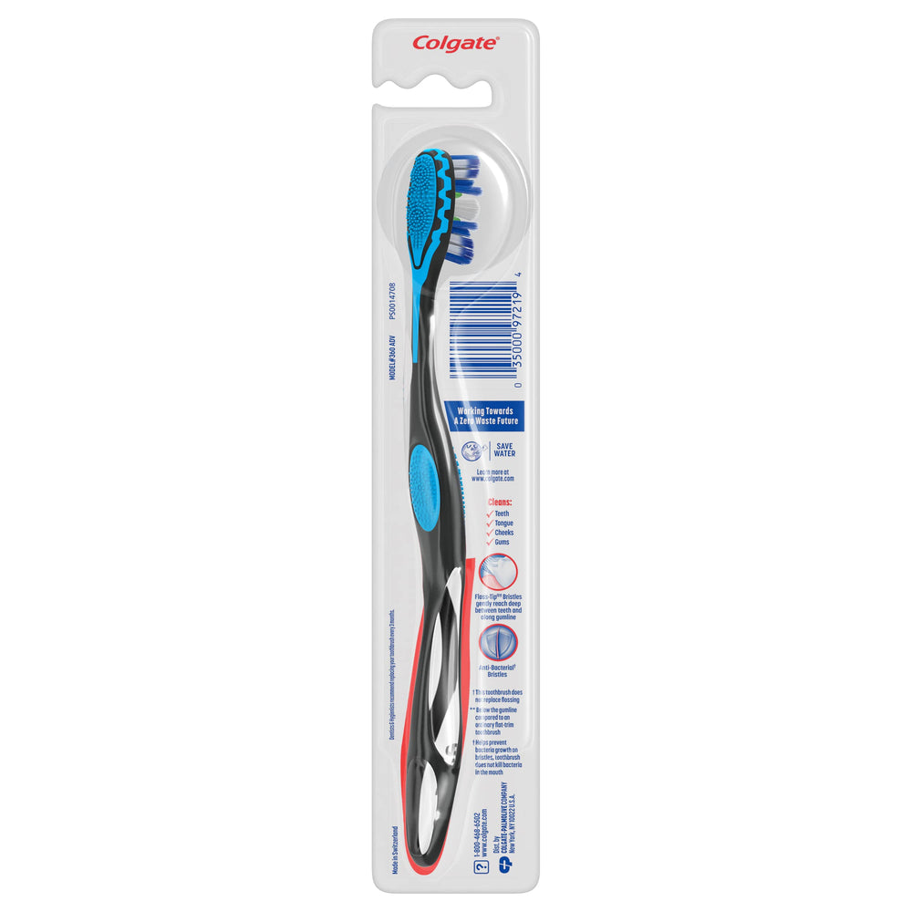Close-up of purple floss-tip bristles and raised tip on Colgate 360 toothbrush