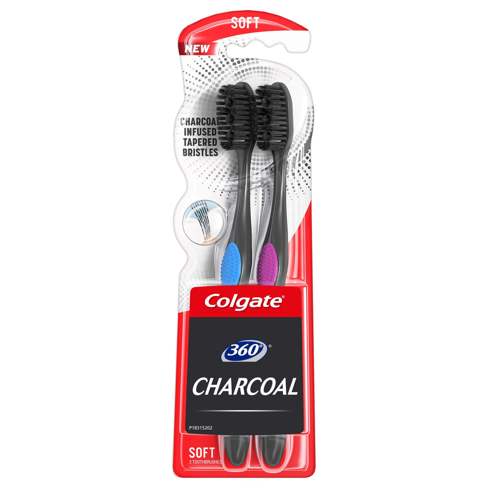 Close-up of Colgate 360 Charcoal Toothbrush with slimmer tip and soft bristles