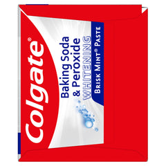 Smiling person with bright white teeth beside Colgate Brisk Mint toothpaste