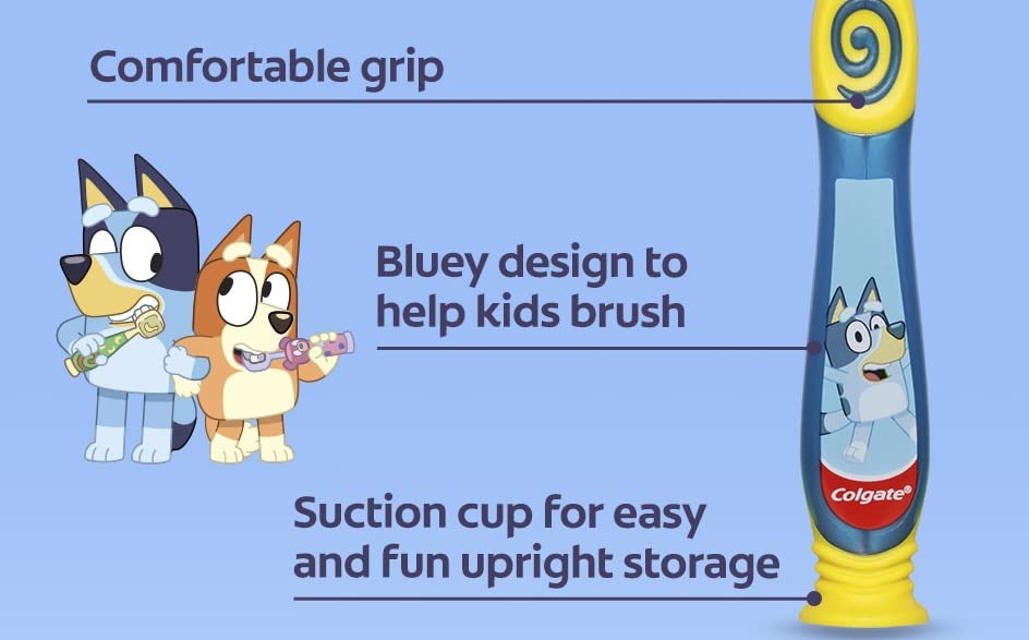 Colgate Bluey toothbrush showing small head and comfortable grip