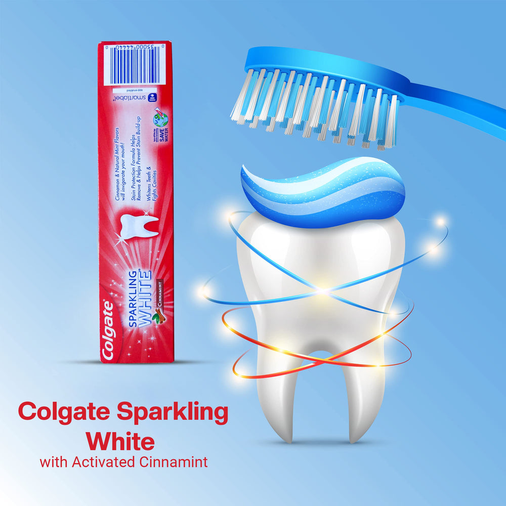 Five-pack Colgate Cinnamint toothpaste displayed on a bathroom counter