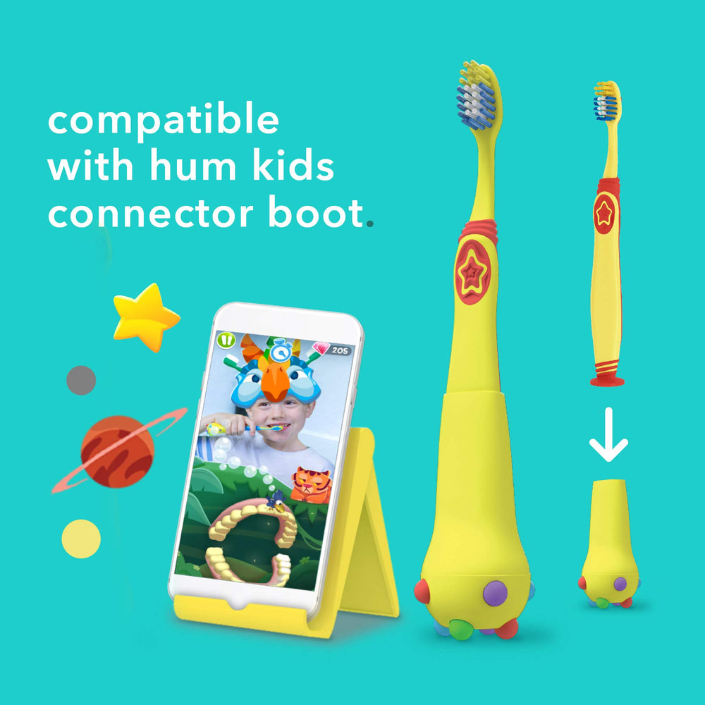 Two Colgate hum Kids manual replacement toothbrushes in Yellow and Coral