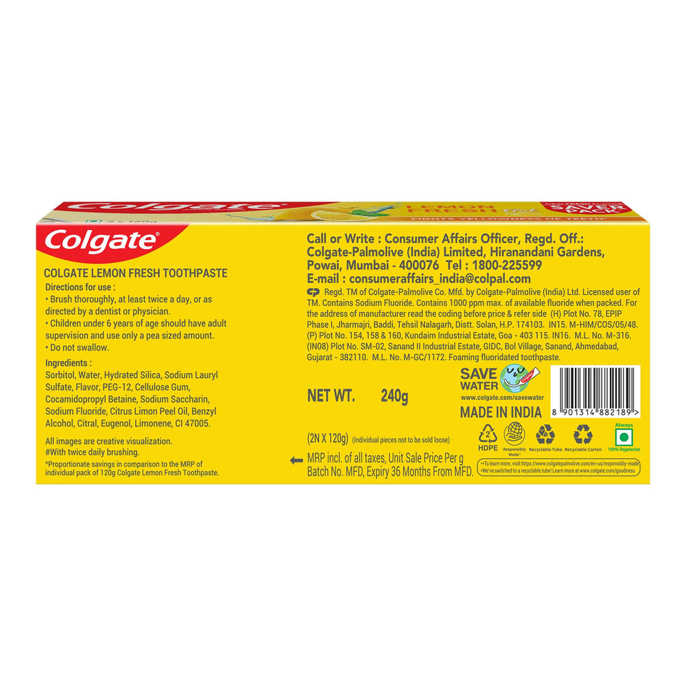 Colgate Lemon Fresh Gel Toothpaste packaging with lemon illustration