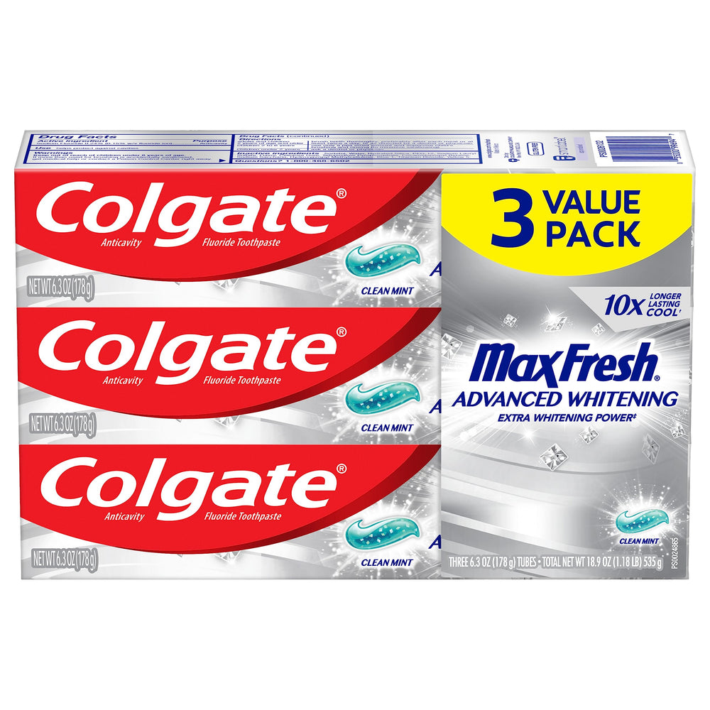 Three 6.3 oz tubes of Colgate Max Fresh Clean Mint toothpaste in a 3-pack