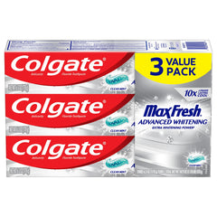 Three 6.3 oz tubes of Colgate Max Fresh Clean Mint toothpaste in a 3-pack