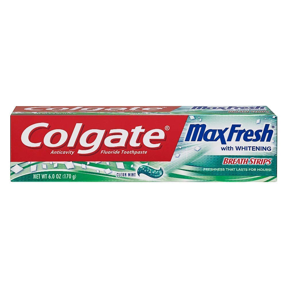 Colgate Max Fresh Whitening Toothpaste with Mini Breath Strips, Clean Mint, 6 oz tubes, Pack of 4