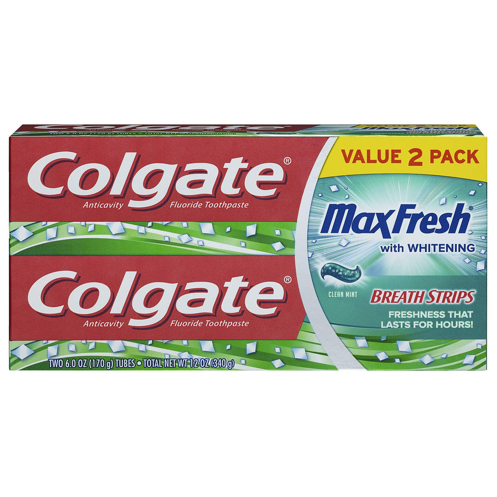 Colgate Max Fresh Whitening Toothpaste with Breath Strips Clean Mint 6 oz tube (2 Pack) front view