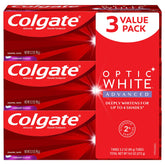 Colgate Optic White Advanced Vibrant Clean toothpaste front view with 3-pack 3.2 oz tubes