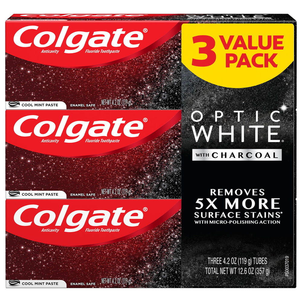 Three 4.2 oz Colgate Optic White with Charcoal toothpaste tubes in Cool Mint flavor