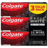Three 4.2 oz Colgate Optic White with Charcoal toothpaste tubes in Cool Mint flavor