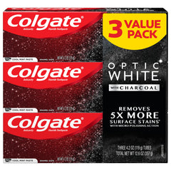 Three 4.2 oz Colgate Optic White with Charcoal toothpaste tubes in Cool Mint flavor