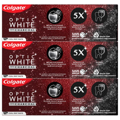 Front view of Colgate Optic White with Charcoal toothpaste tubes