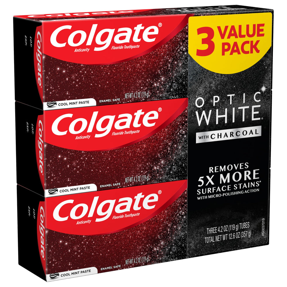 Back packaging of enamel-safe 3-pack Colgate toothpaste