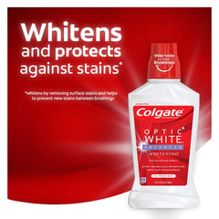 Bottle of Colgate Optic White Mouthwash with 2% hydrogen peroxide