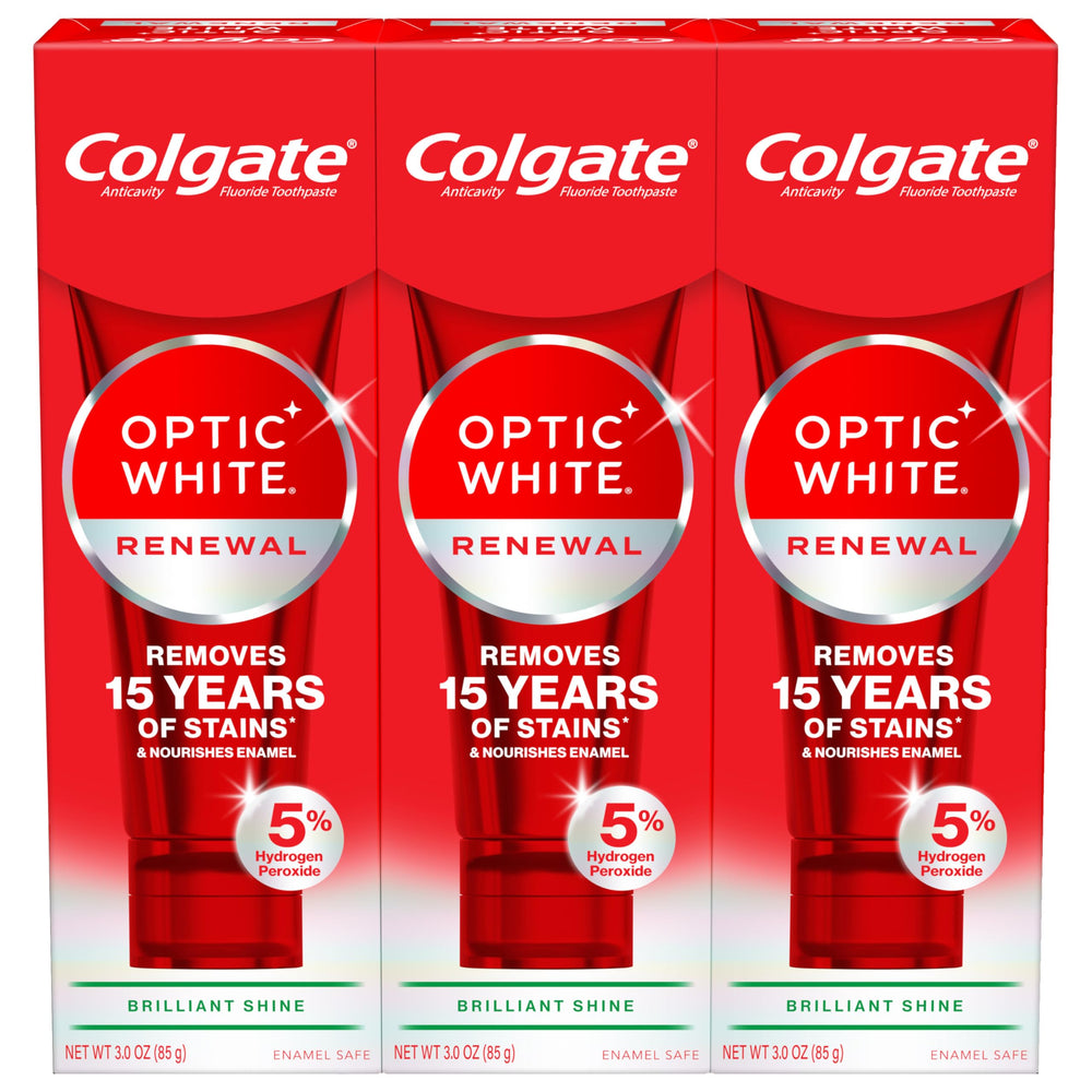 Front view of Colgate Optic White Renewal 3-pack packaging