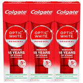 Front view of Colgate Optic White Renewal 3-pack packaging
