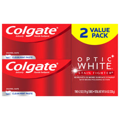Colgate Optic White Stain Fighter toothpaste, 2-pack, 4.2 oz tubes, Clean Mint flavor.