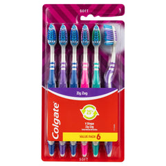 Colgate Zig Zag Soft Toothbrush 6-pack showing angled bristles for interdental reach