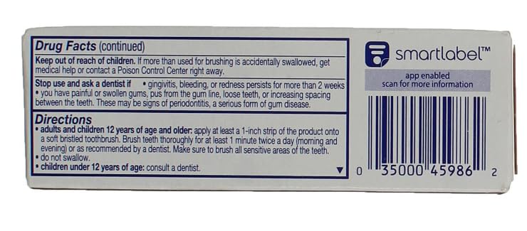 Back of Colgate Total Clean Mint travel-size toothpaste packaging with directions