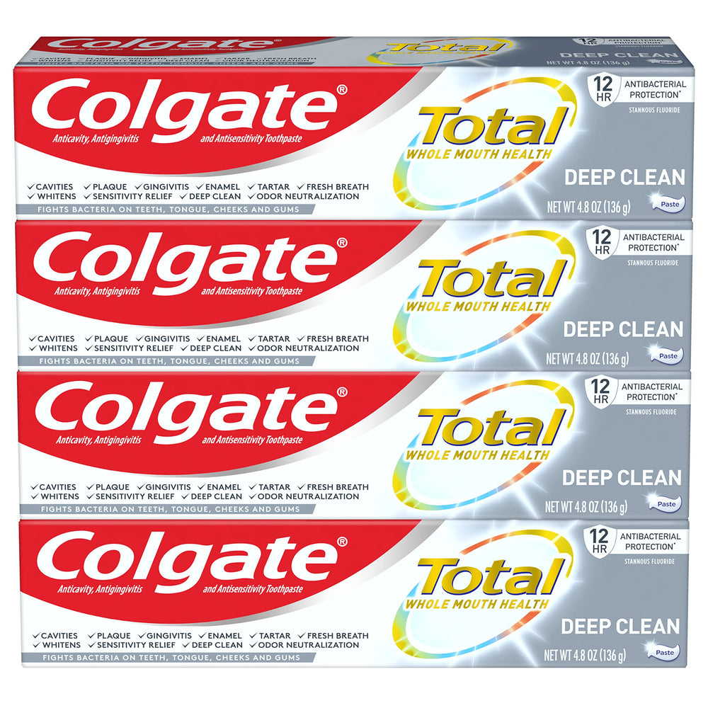 Colgate Total Deep Clean 4-pack 4.8 oz toothpaste tubes on white background