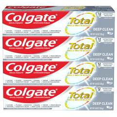 Colgate Total Deep Clean 4-pack 4.8 oz toothpaste tubes on white background