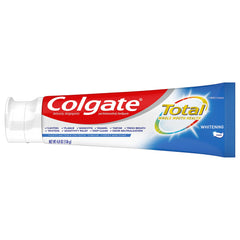 Mint-flavor Colgate Total whitening toothpaste tubes close-up
