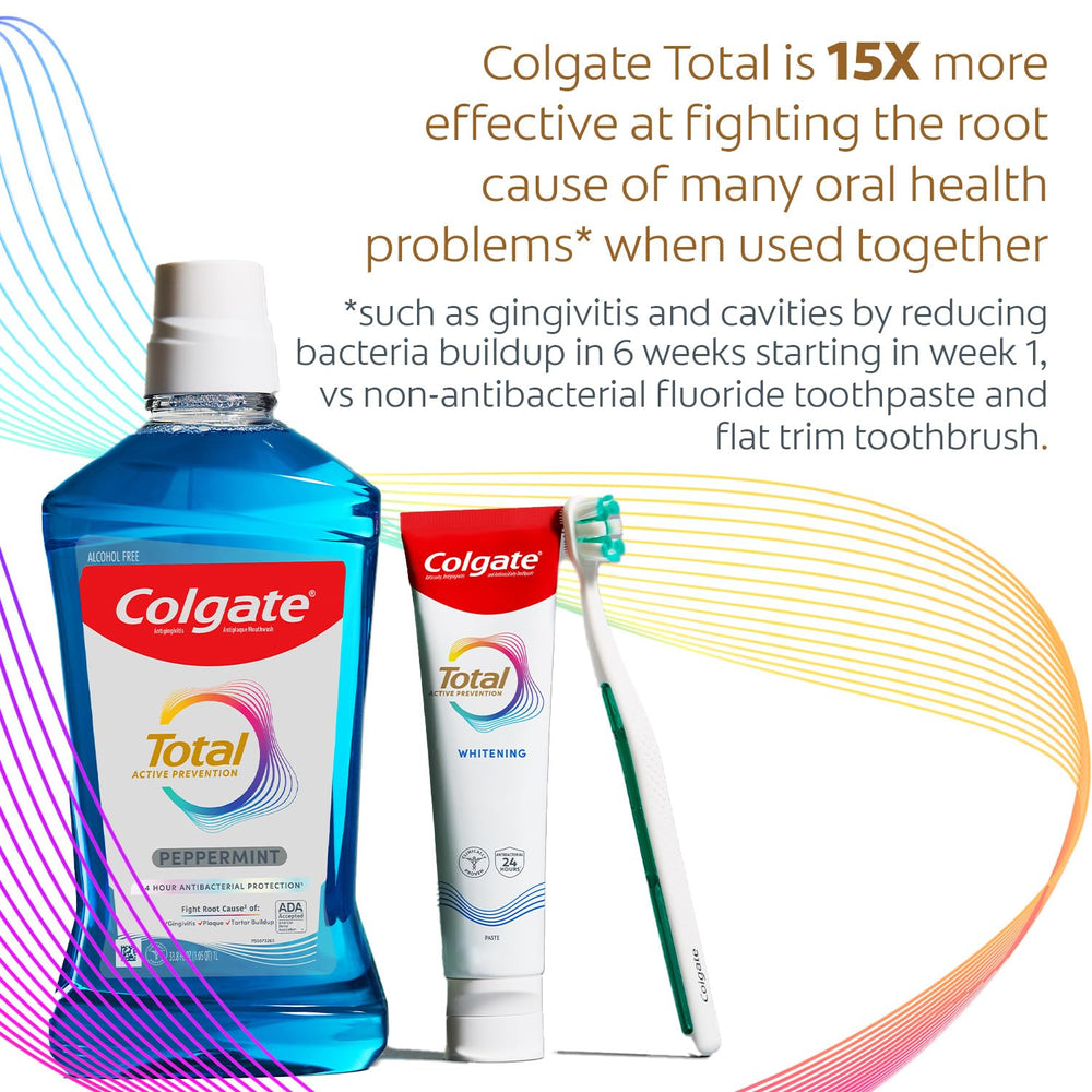 Smiling person with bright teeth and Colgate branding