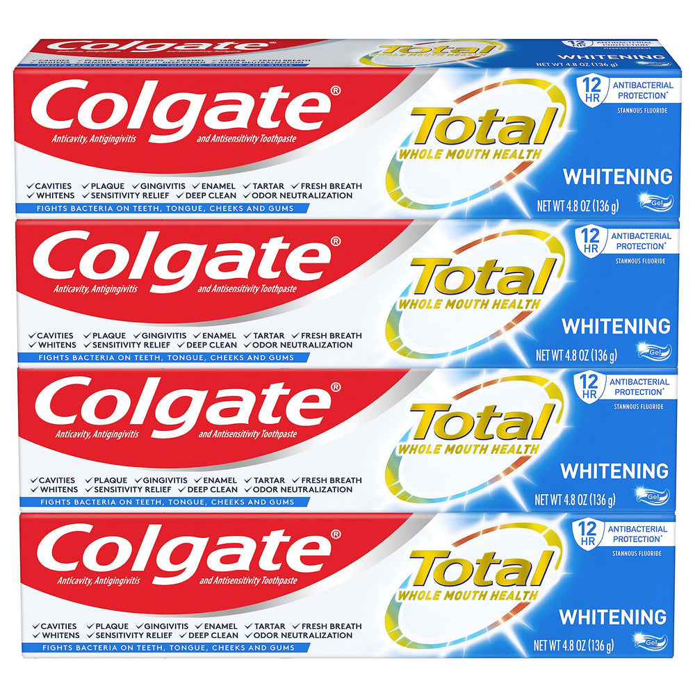 Four 4.8 oz Colgate Total Whitening Toothpaste Gel tubes in a four-pack