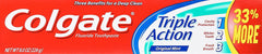 Colgate Triple Action Toothpaste Mint 8 oz tube - back view detailing benefits