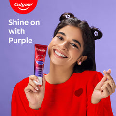 Before and after whitening illustration with Colgate Purple toothpaste