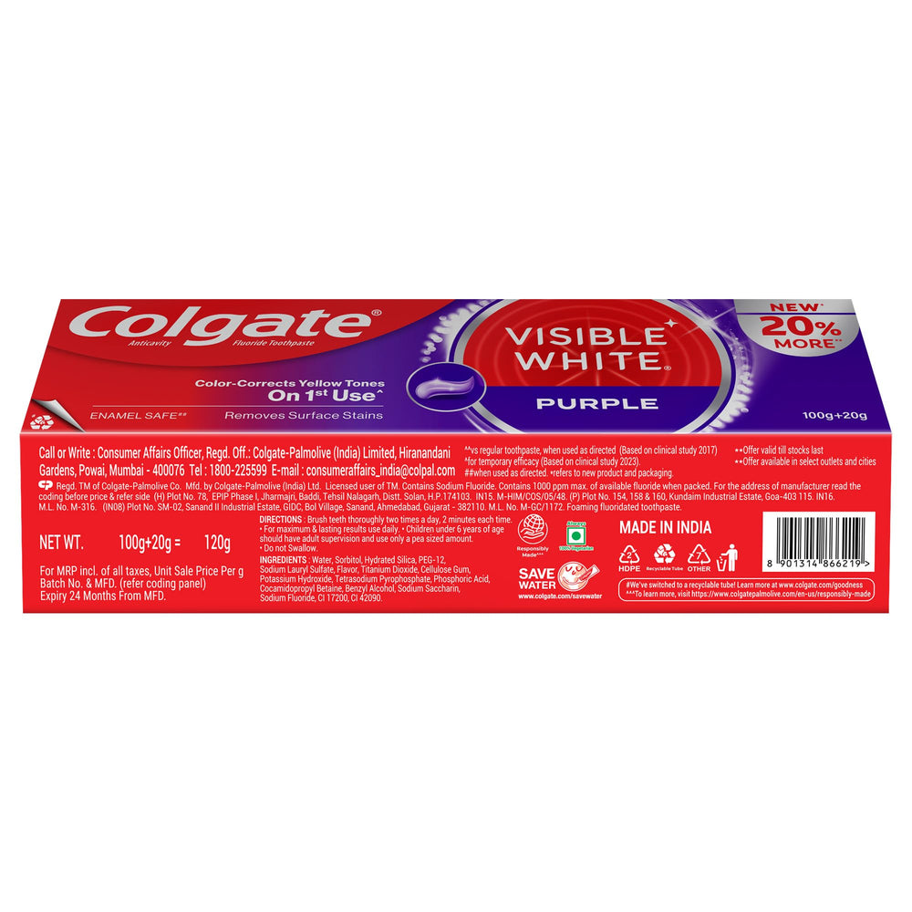 Close-up packaging detail of Colgate Visible White Purple Toothpaste