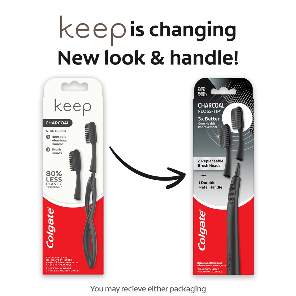 Two replaceable brush heads included with Colgate Keep Charcoal Starter Kit