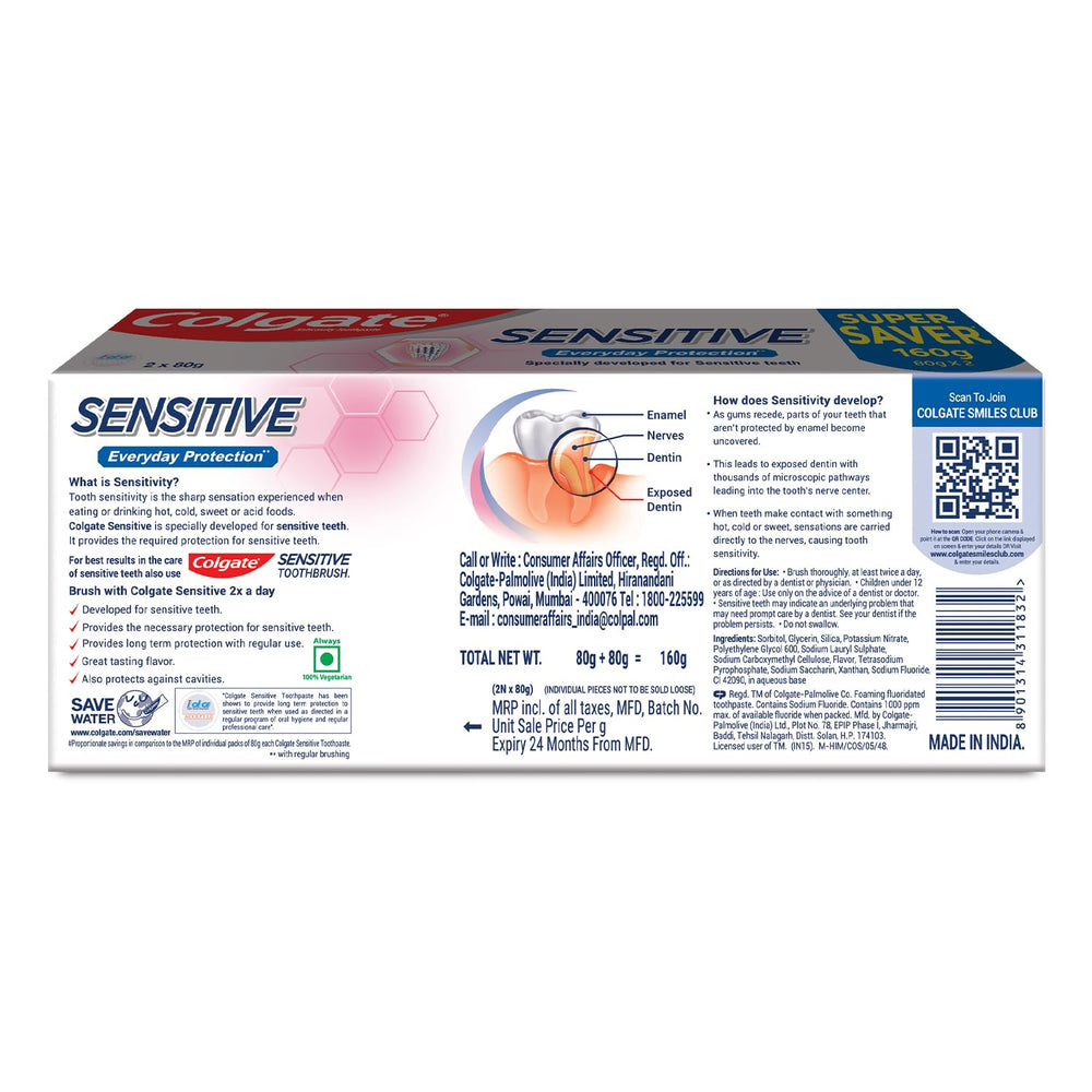 Colgate Sensitive Everyday Protection toothpaste with toothbrush on bathroom counter