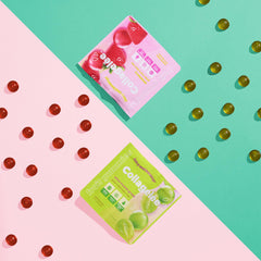 Lifestyle shot with strawberries and gummies