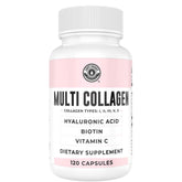 Bottle of collagen capsules with Biotin, Hyaluronic Acid and Vitamin C on label
