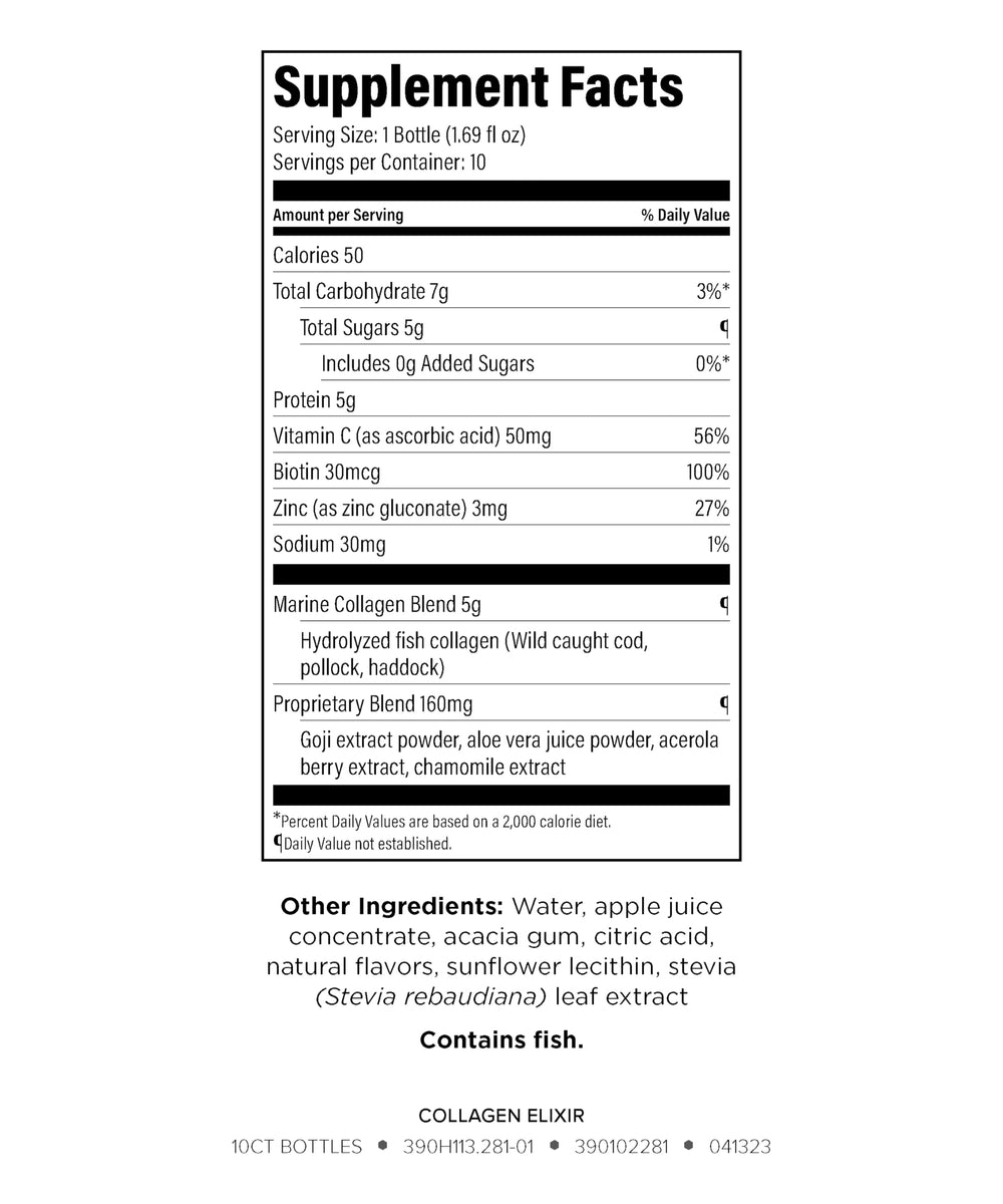 Close-up of Collagen Elixir label highlighting marine collagen peptides