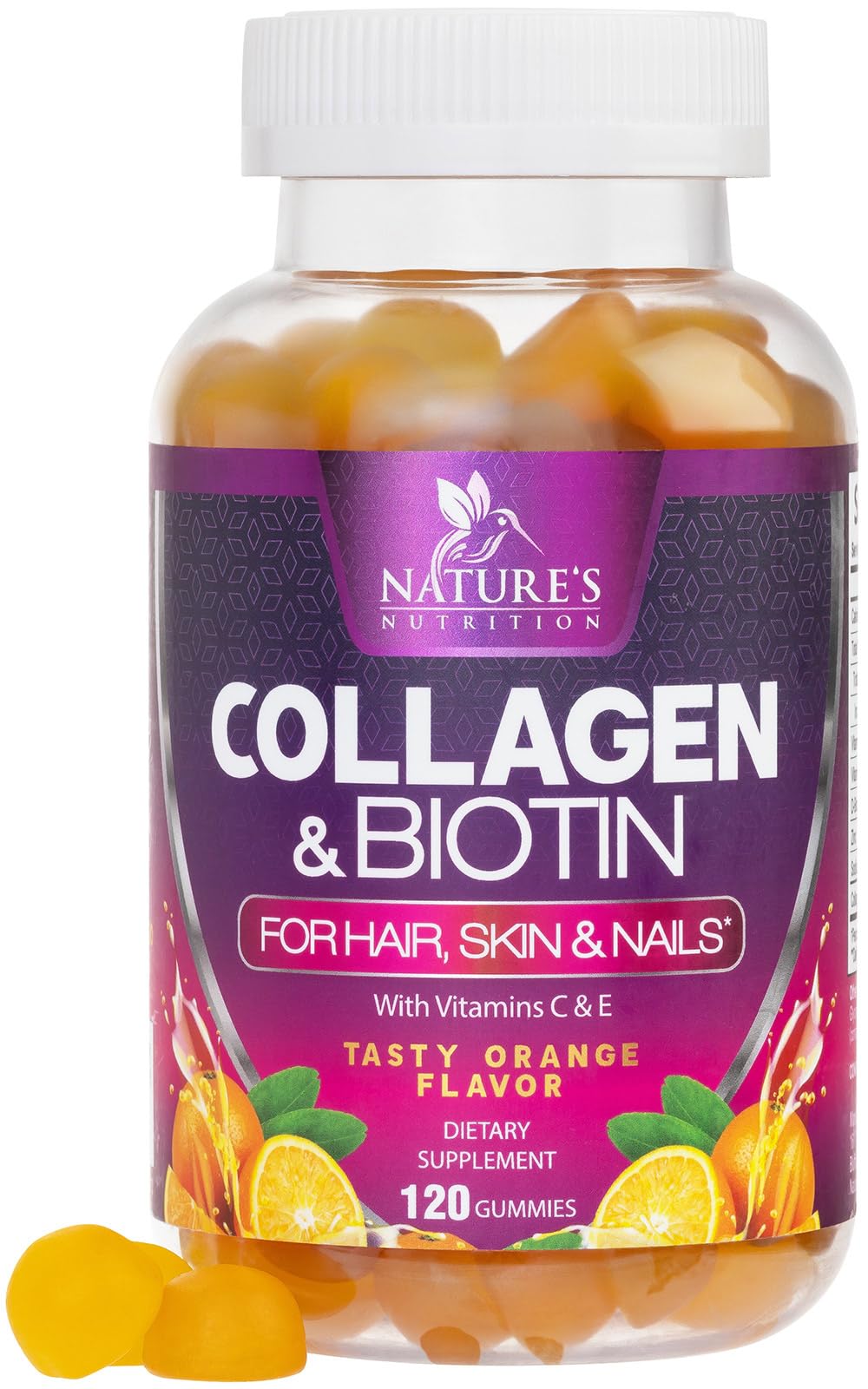 Collagen gummies with biotin, vitamin C and zinc showing Type I & III collagen