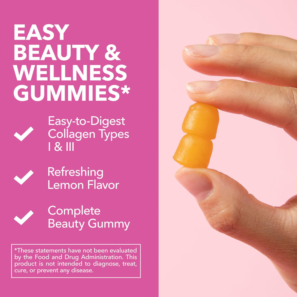 Visual list of key nutrients: hydrolyzed collagen, biotin, zinc, vitamins C & E