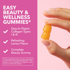 Visual list of key nutrients: hydrolyzed collagen, biotin, zinc, vitamins C & E