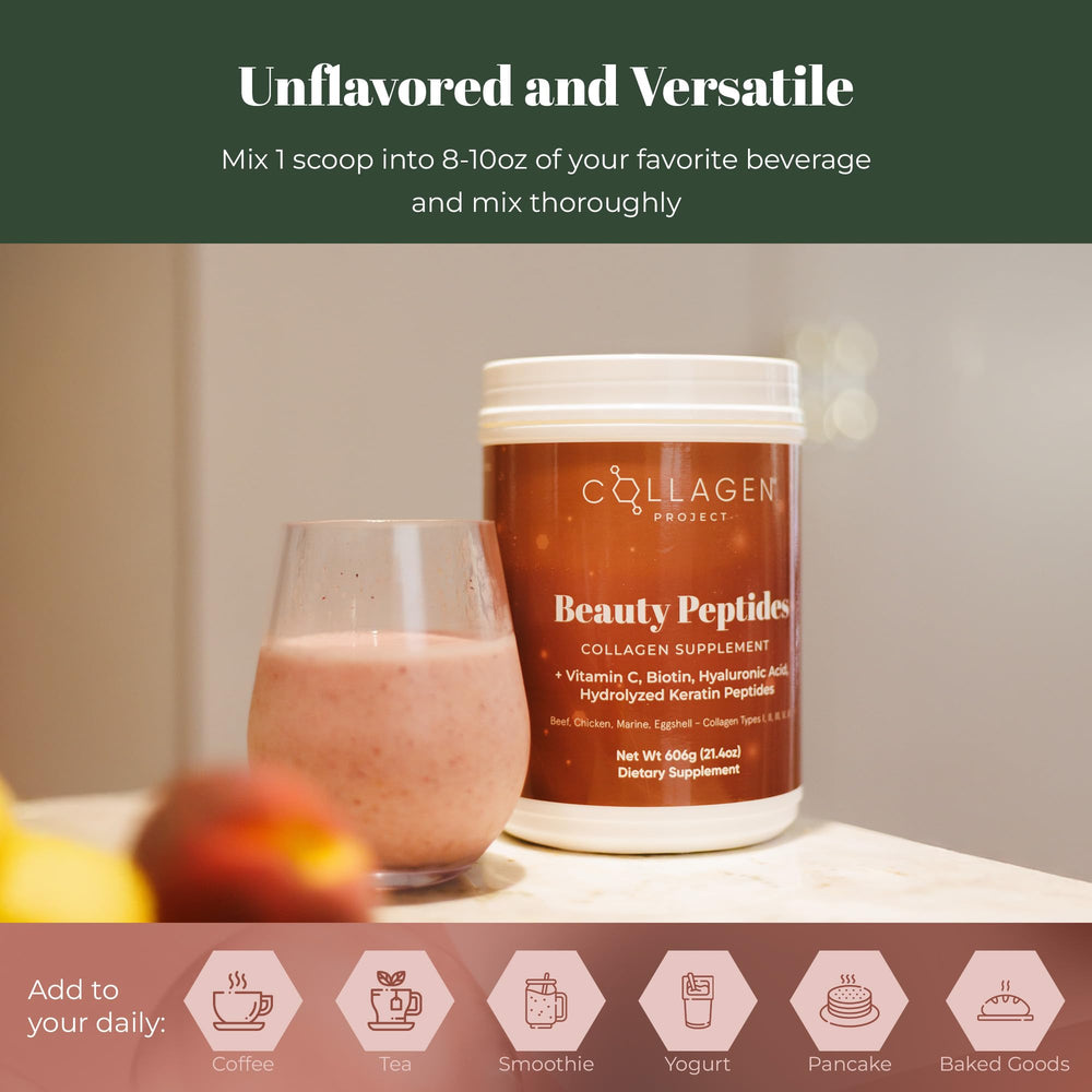 Illustration of hydrolyzed collagen peptides with hyaluronic acid, vitamin C, biotin and keratin