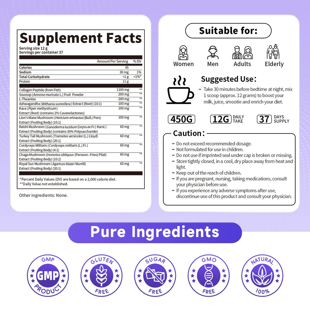 Illustration of ingredients: hydrolyzed marine Type I collagen, L-Theanine, Ashwagandha, and mushrooms