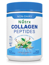 Vanilla collagen peptides powder with scoop beside a glass of water