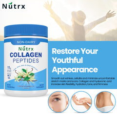 Non-dairy collagen powder bottle emphasizing USA certification and non-GMO