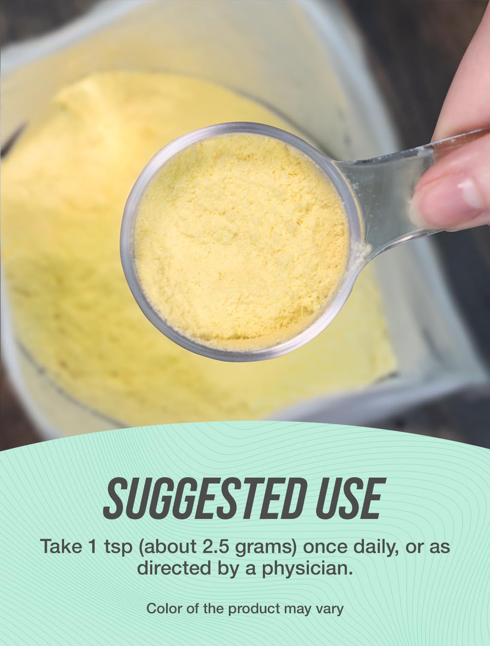 Serving scoop showing 2.5g per serving of collagen powder