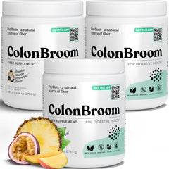 Front packaging of ColonBroom Psyllium Husk Powder with Stevia Tropical Fruits