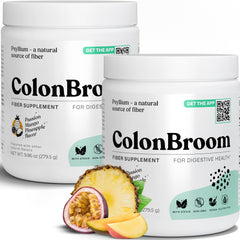 Front label of ColonBroom Psyllium Husk Powder with Stevia Tropical Fruits flavor