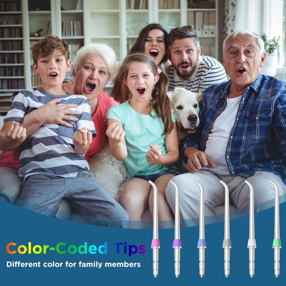 Color-coded Waterpik tips for family members