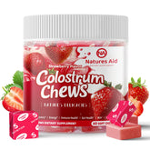 Strawberry colostrum chews bottle with packaging
