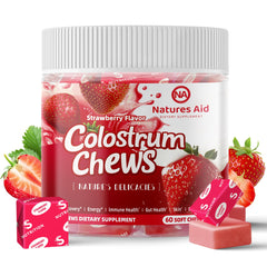 Strawberry colostrum chews bottle with packaging