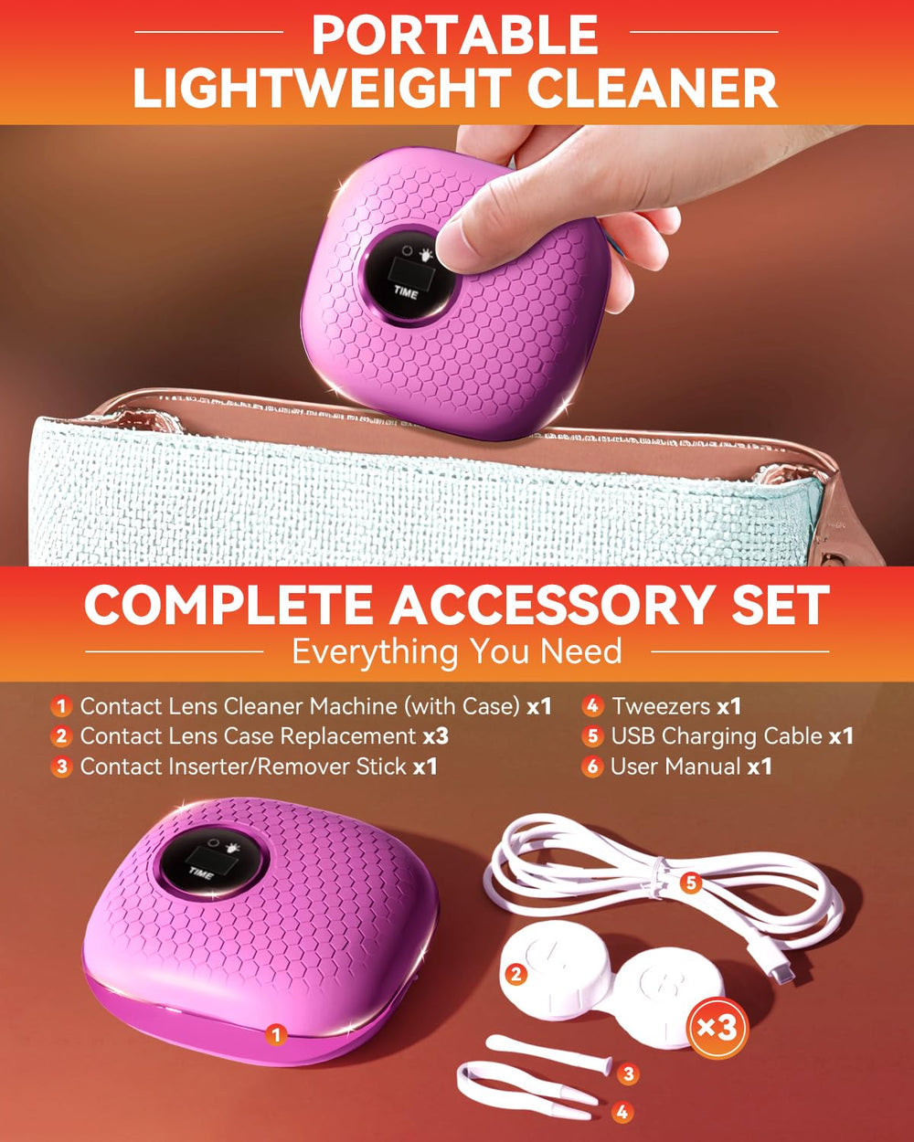Compact portable lens case storage with cleaner unit